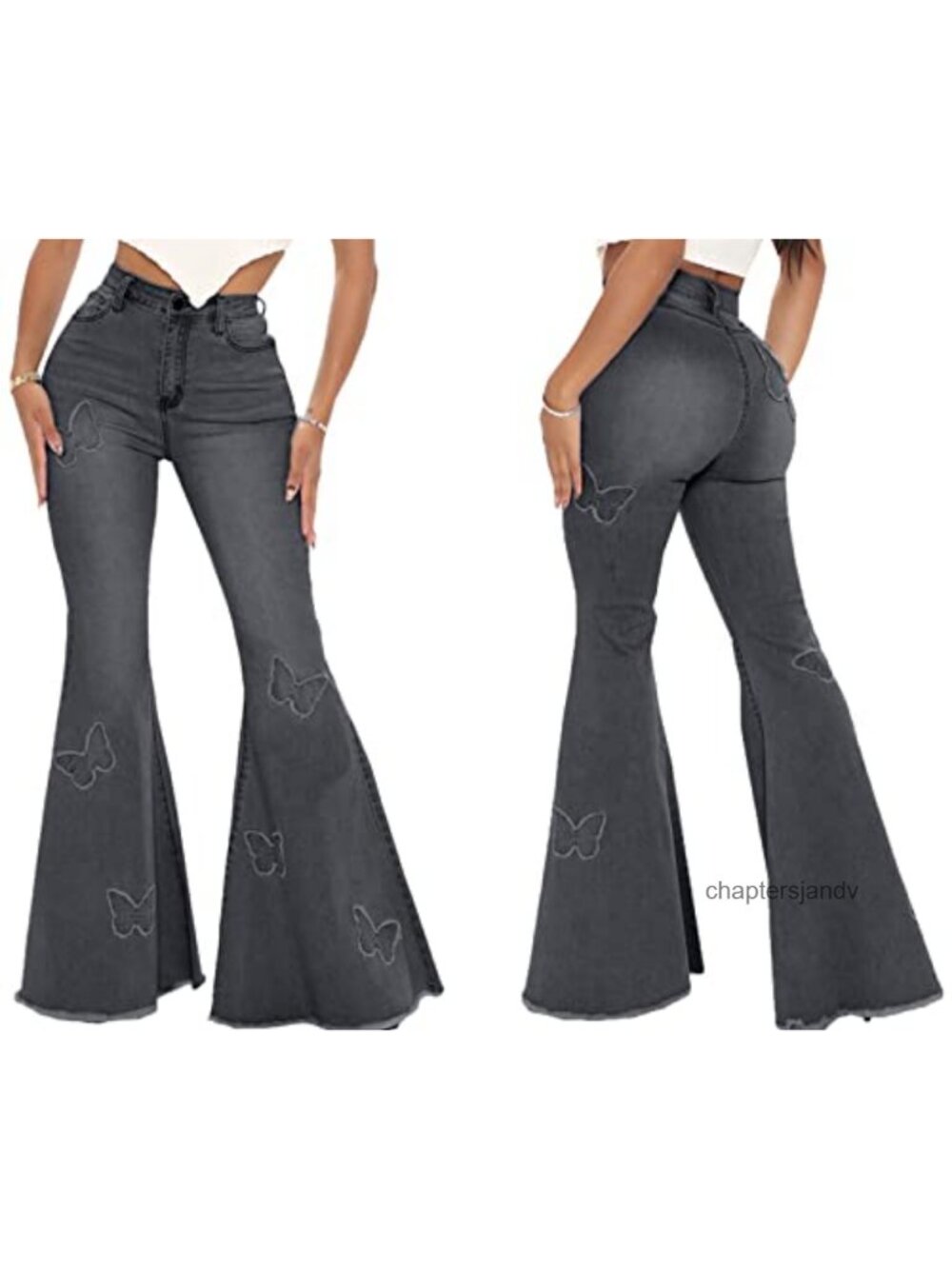 High Waisted Bell Bottom Jeans Ripped Raw Hem Flare Denim Pants - Picture 2 of 2